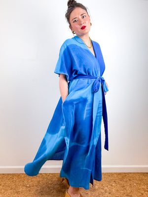 Single Gauze Duster Kimono Royal Turquoise Brushstrokes