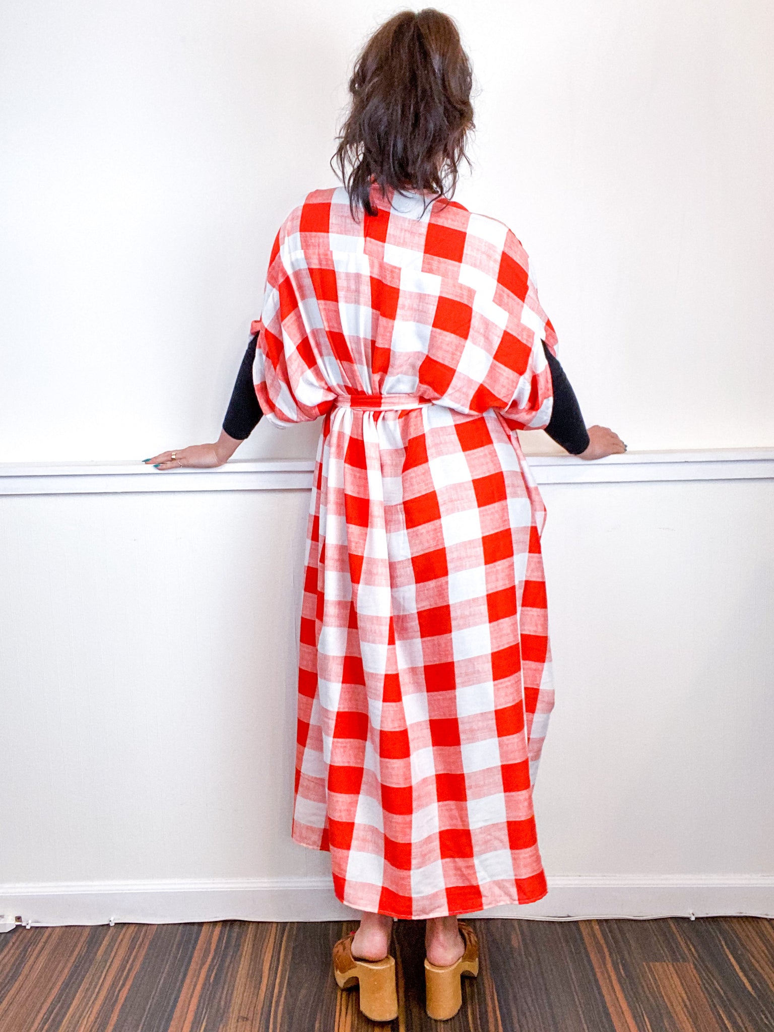 Print High Low Kimono Orange White Checker Rayon Challis