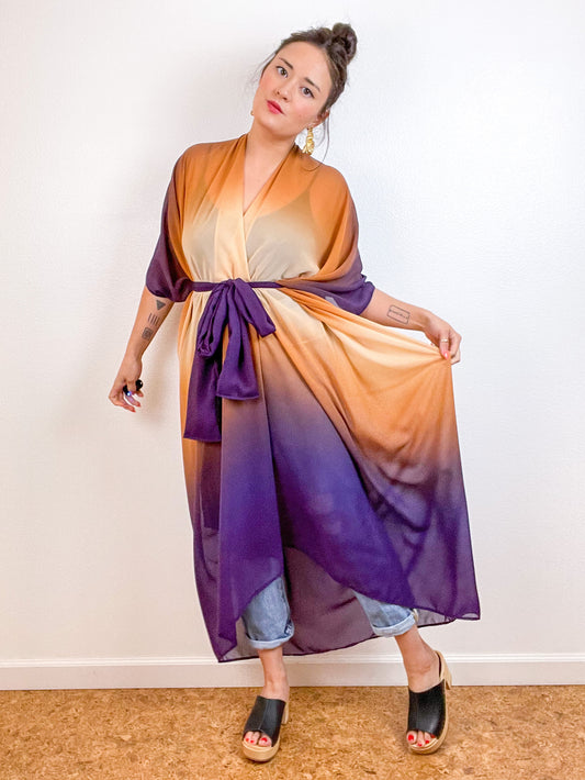 Print High Low Kimono Amber Plum Ombre Chiffon