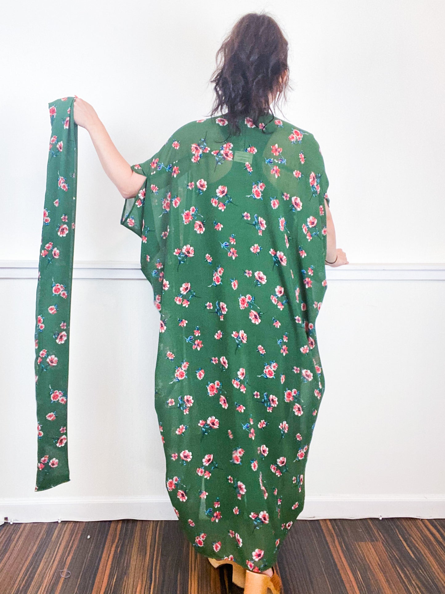 Print High Low Kimono Green Floral Georgette