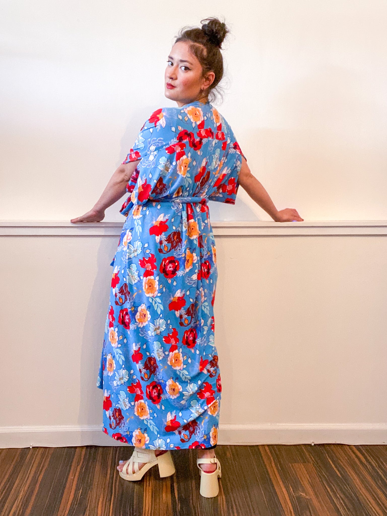 Print High Low Kimono Turquoise Floral Knit