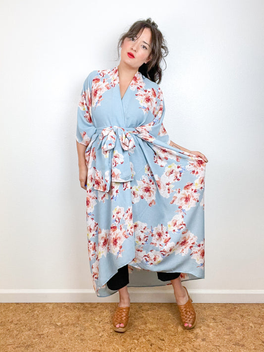 Print High Low Kimono Blue Peach Floral Crinkle Gauze