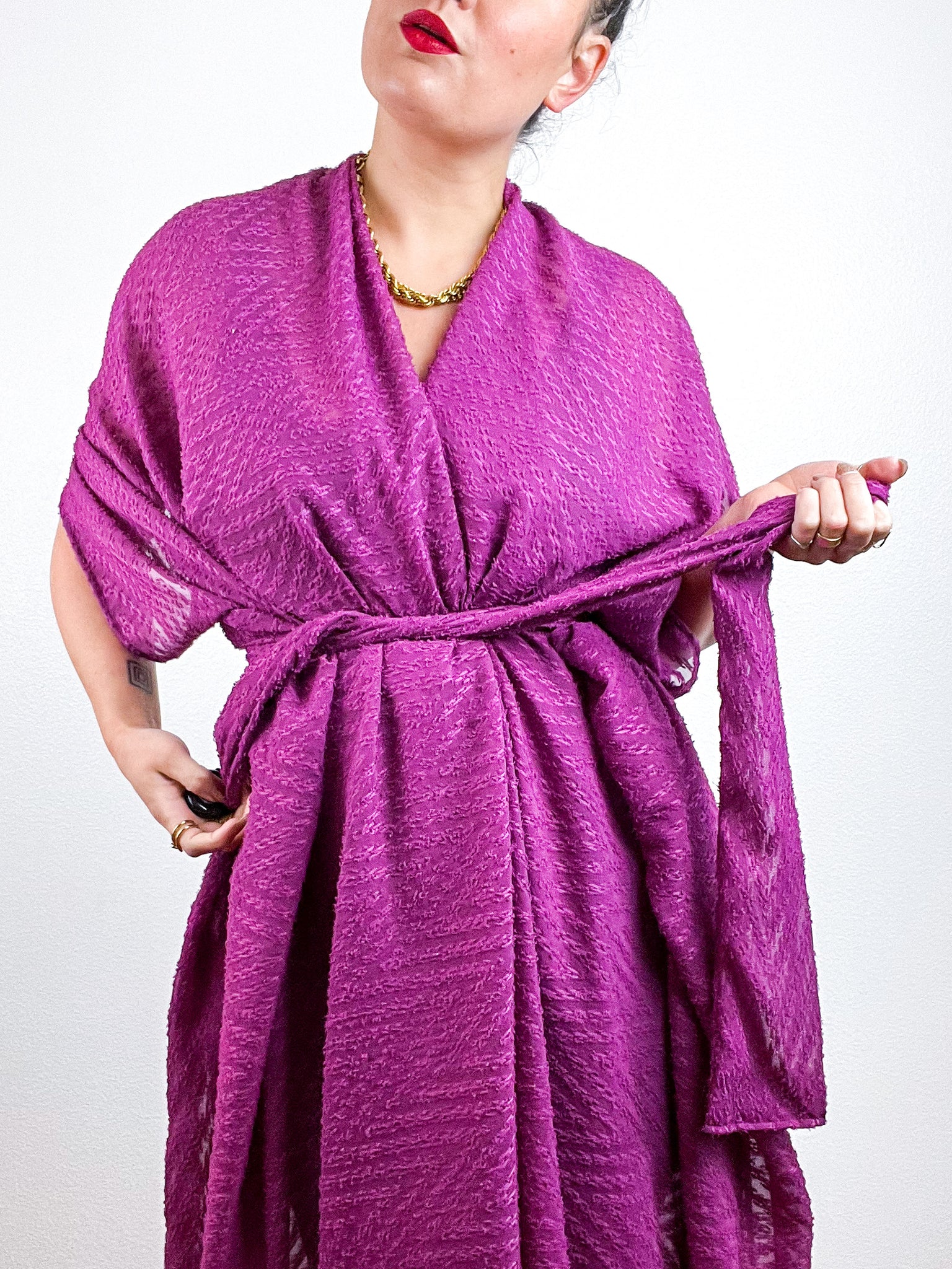 Solid High Low Kimono Magenta Flocked Chevron Chiffon