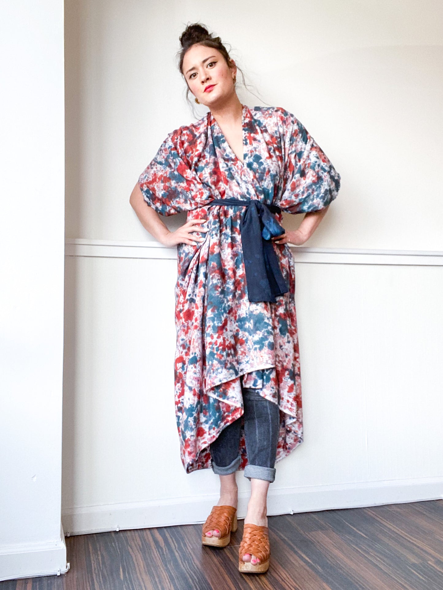Hand-Dyed High Low Kimono Speckle Teal Terracotta Pink
