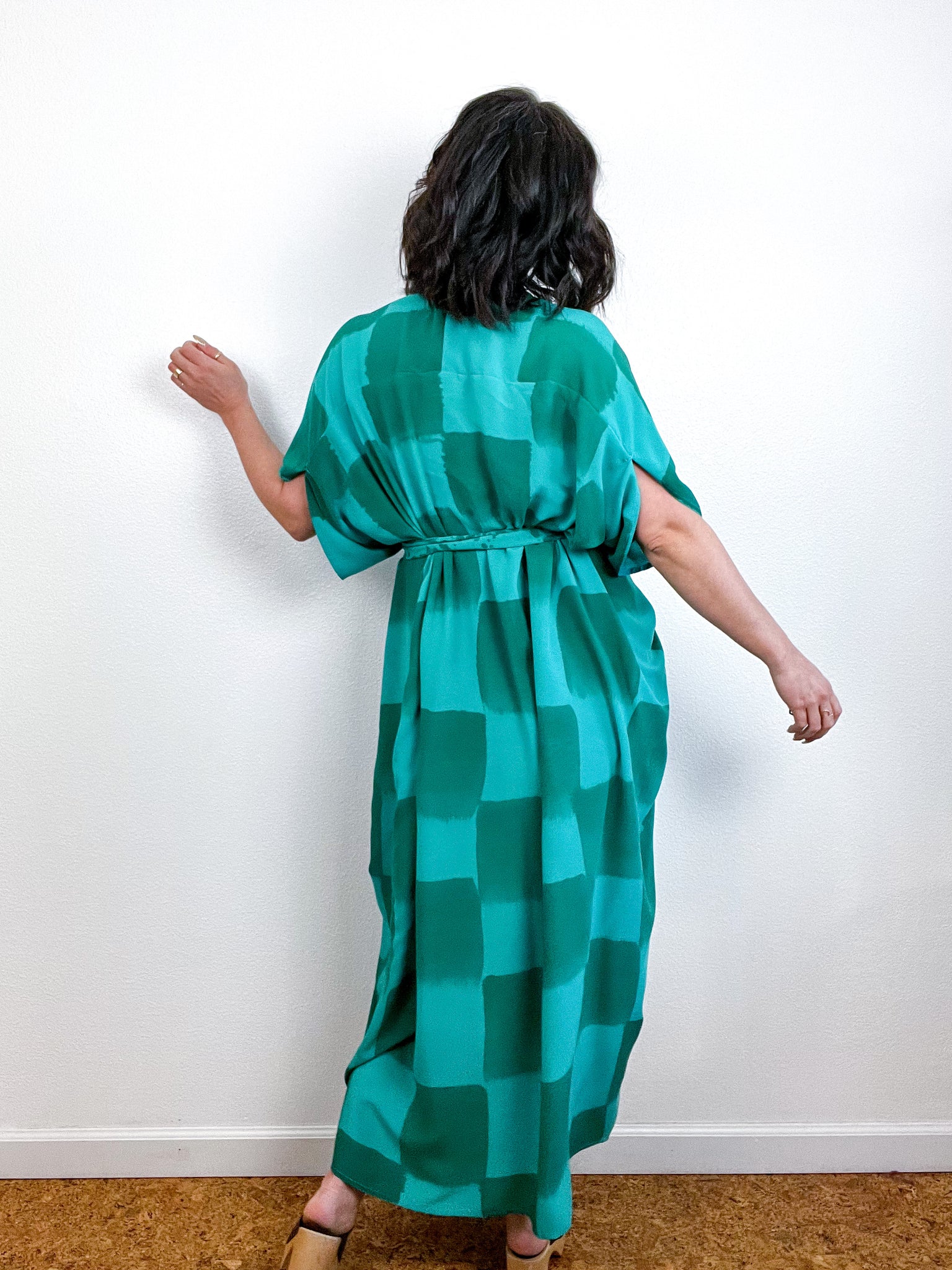 Hand-Dyed High Low Kimono Teal Green Checkerboard