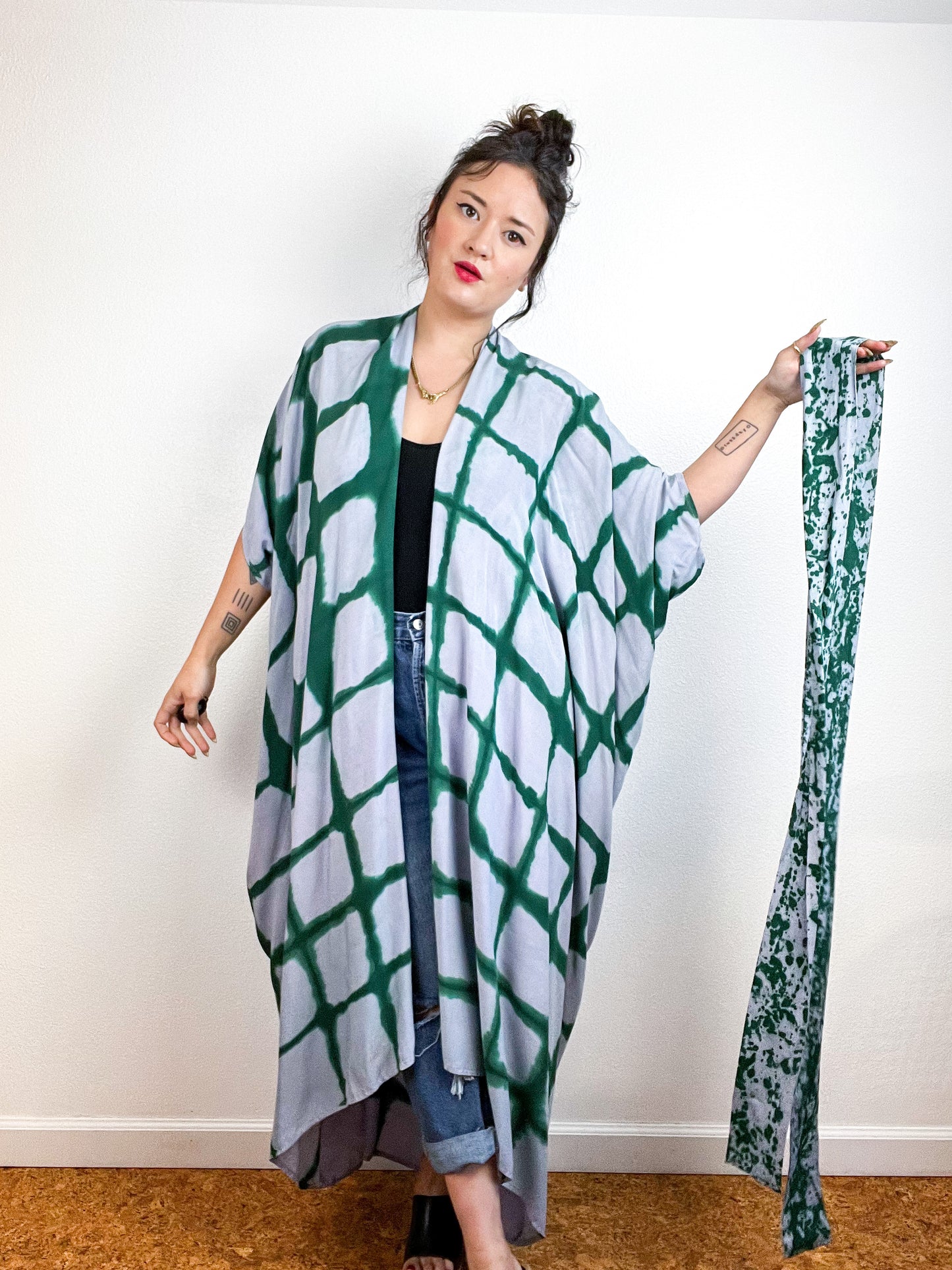 Hand-Dyed High Low Kimono Wisteria Forest Windowpane