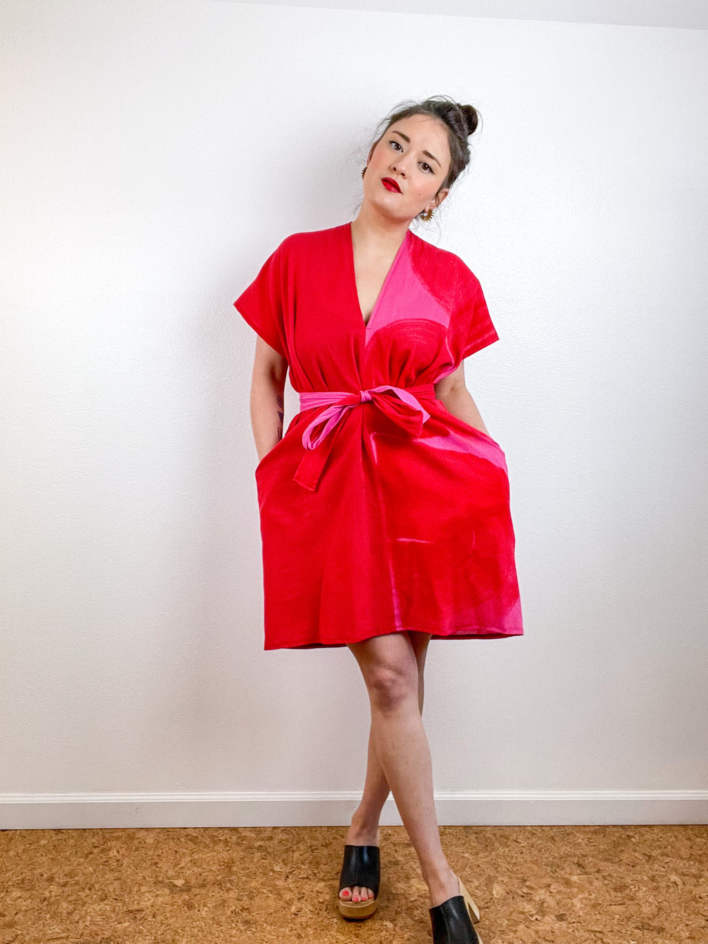 Single Gauze Mini Caftan Dress Scarlet Fuchsia Brushstrokes