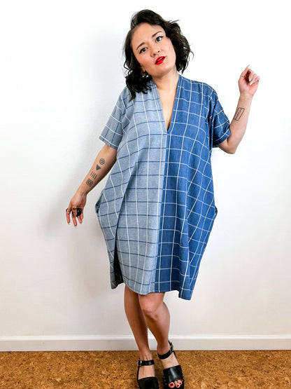 Chambray Windowpane Mini Smock Dress Two Tone