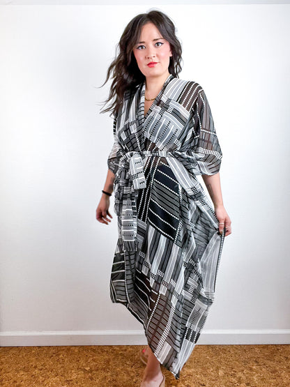 Print High Low Kimono Black Lines Dots Chiffon