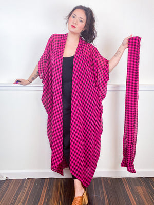 Print High Low Kimono Pink Black Gingham Chiffon