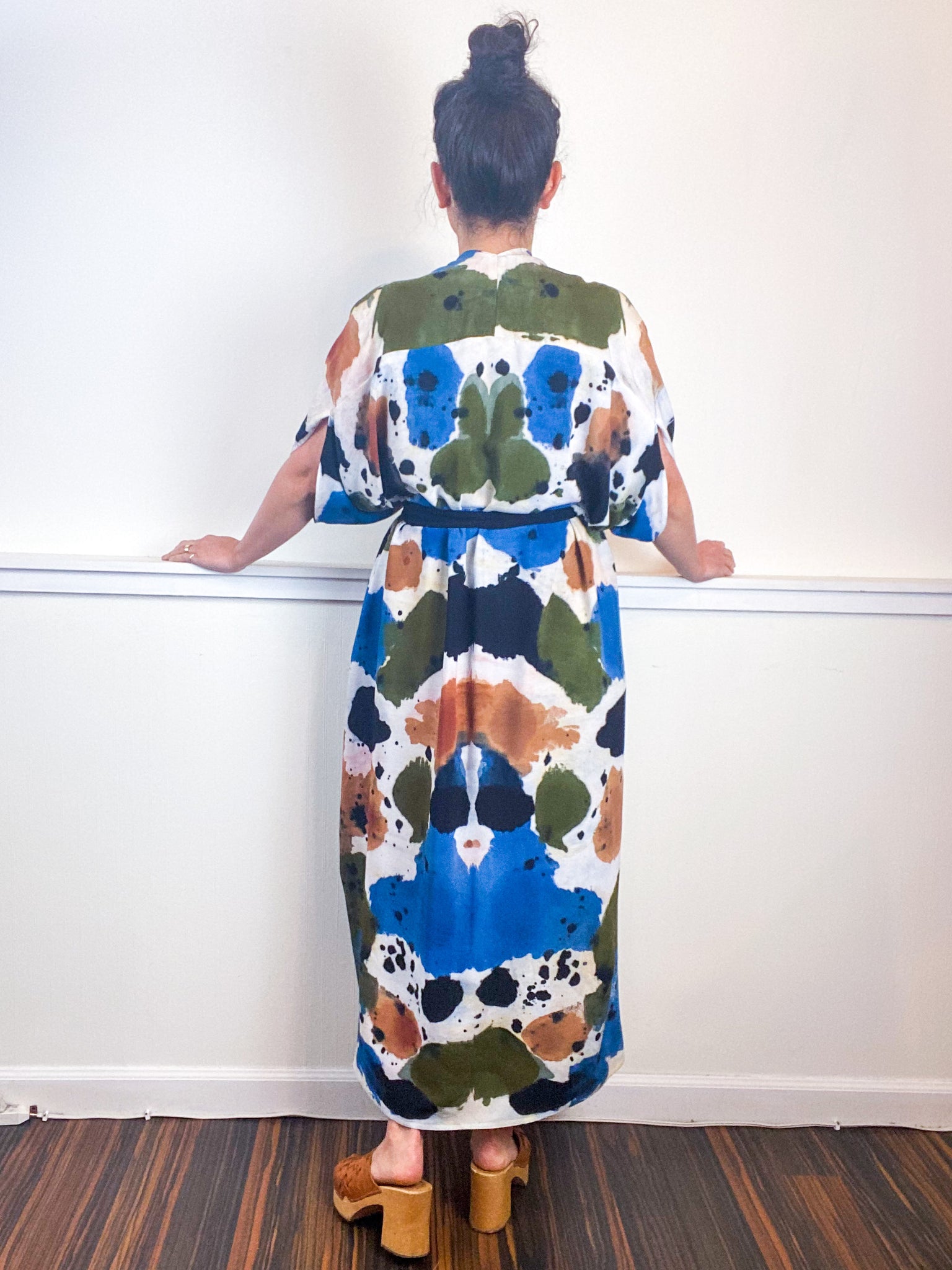 OOAK Hand-Dyed High Low Kimono Terracotta Moss Denim Raven Inkblot