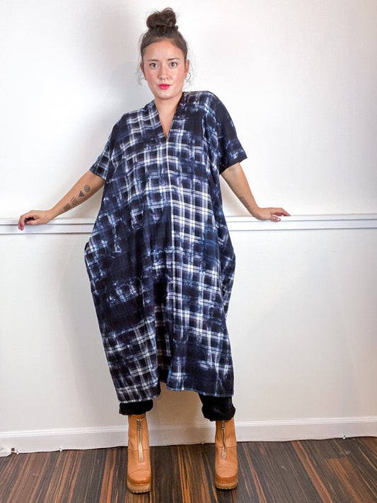 Over-Dye Plaid Smock Dress Black White Lavender