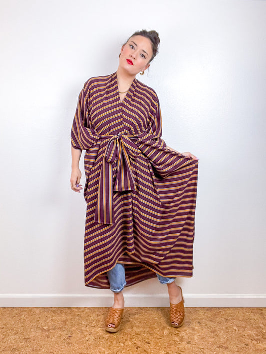 Print High Low Kimono Maroon Gold Stripe Bubble Crepe