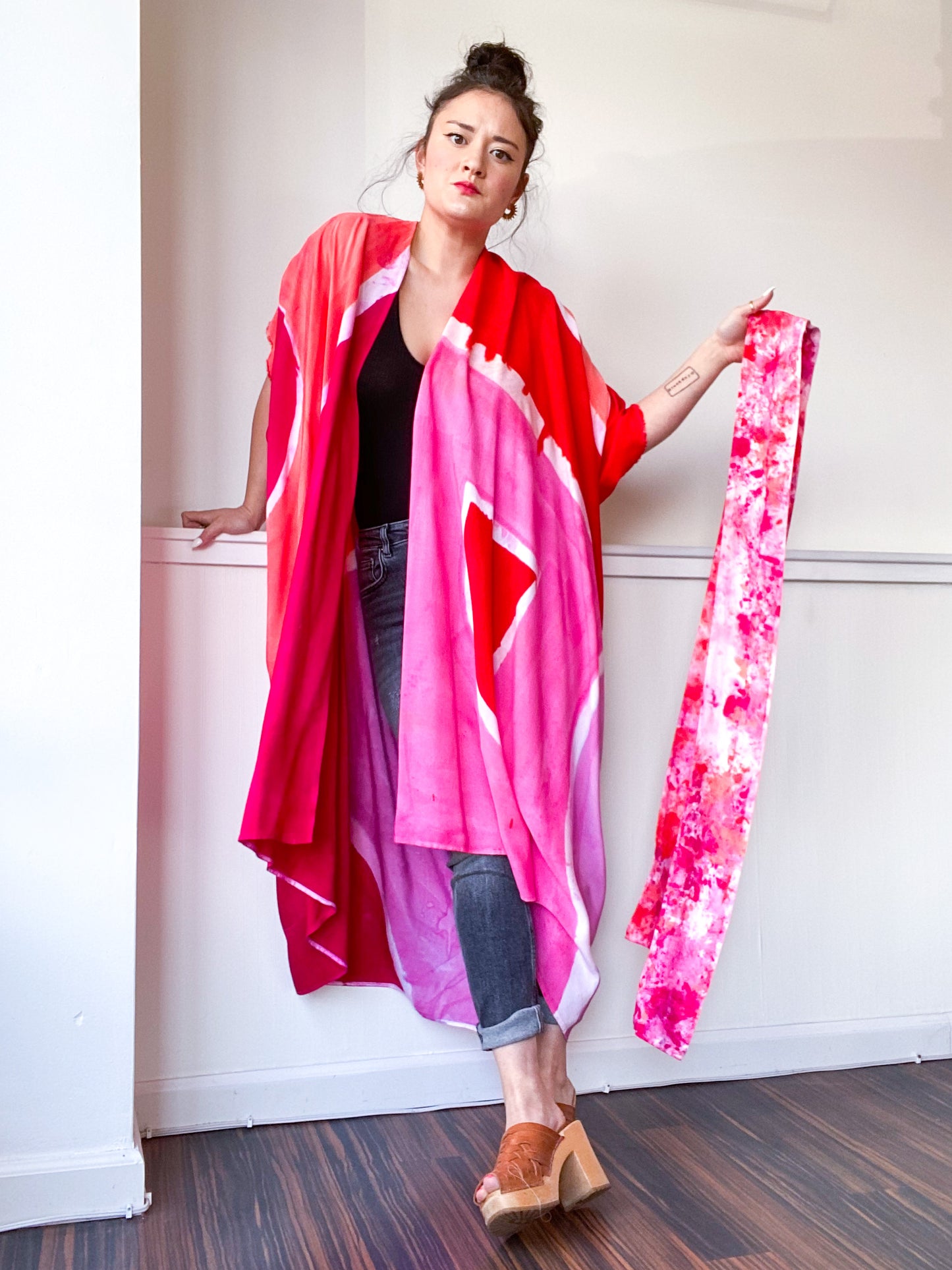 Limited Edition Hand-Dyed High Low Kimono Shape Study Pink Red