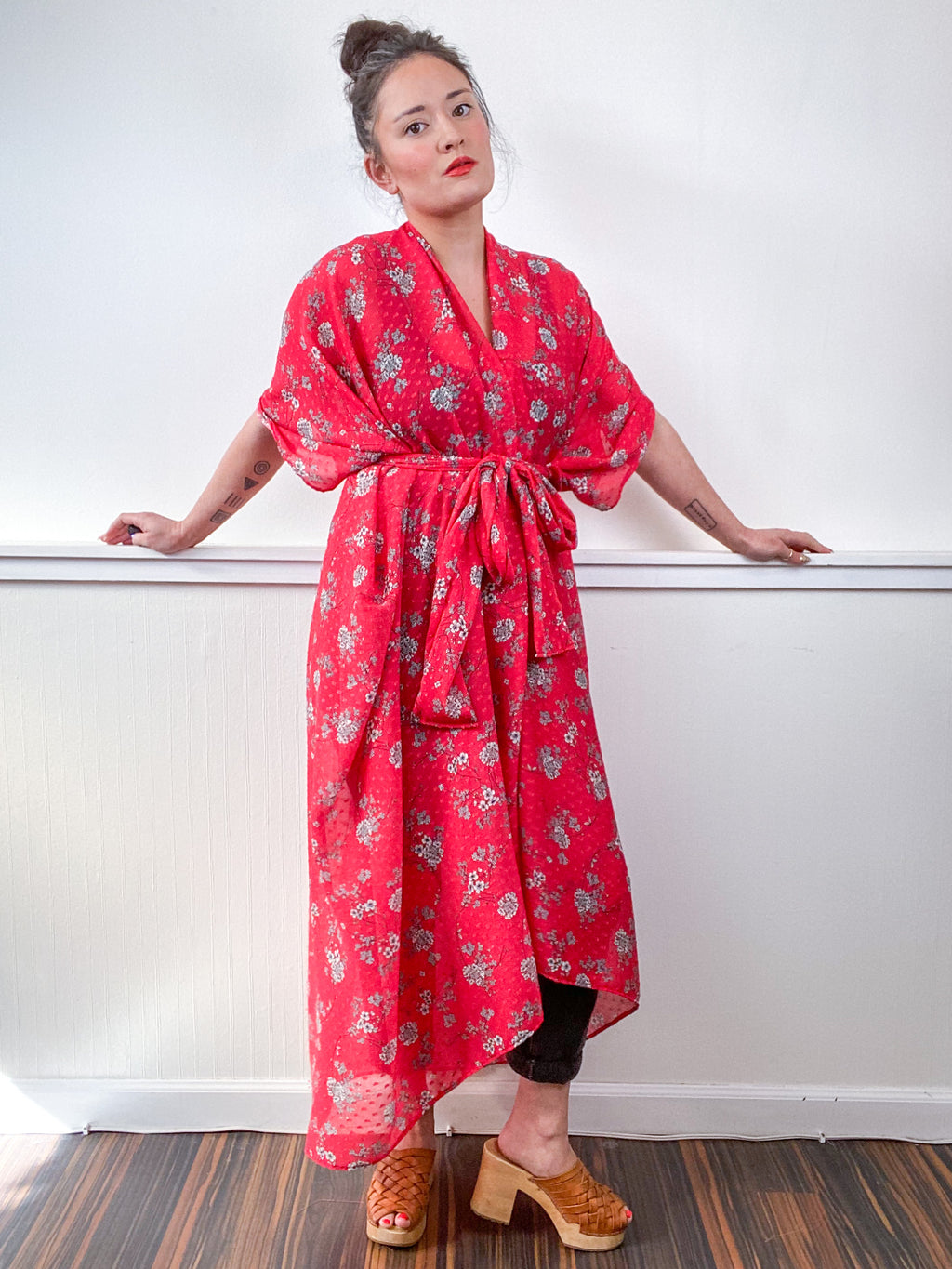 Print High Low Kimono Red Swiss Dot Chiffon