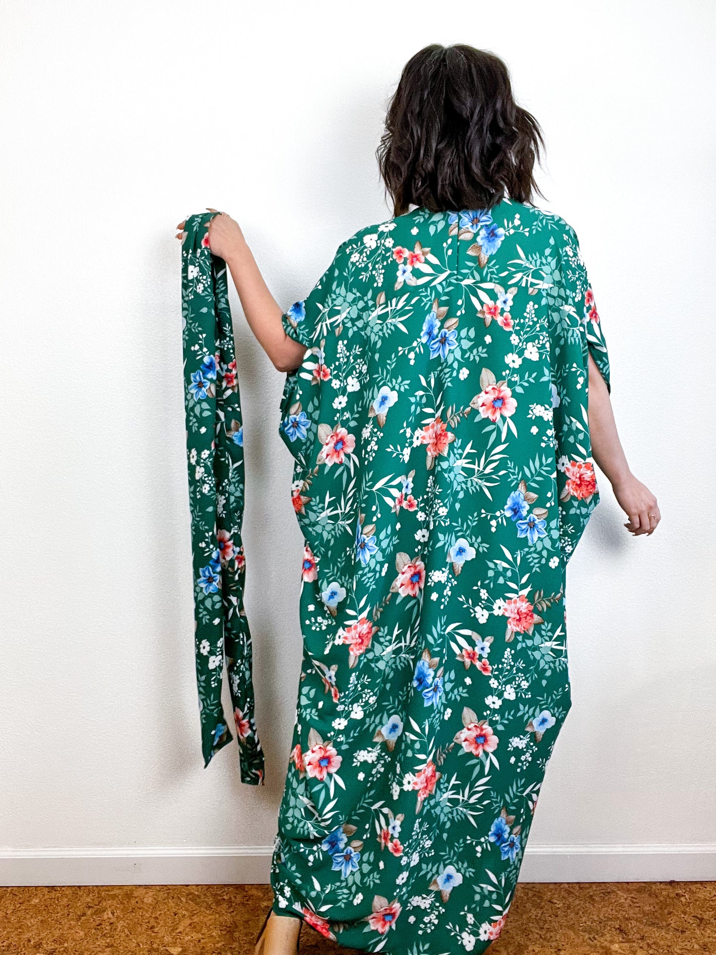 Print High Low Kimono Green Floral Georgette