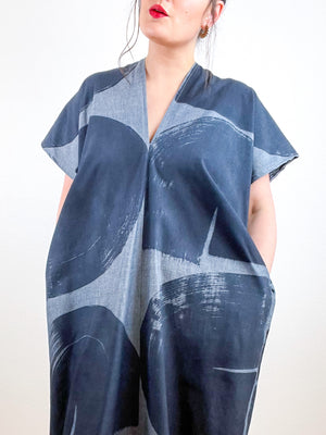 Chambray Smock Dress Hand-Dyed Black Brushstrokes