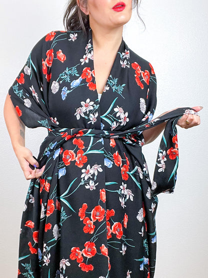 Print High Low Kimono Black Red Floral Crinkle Gauze