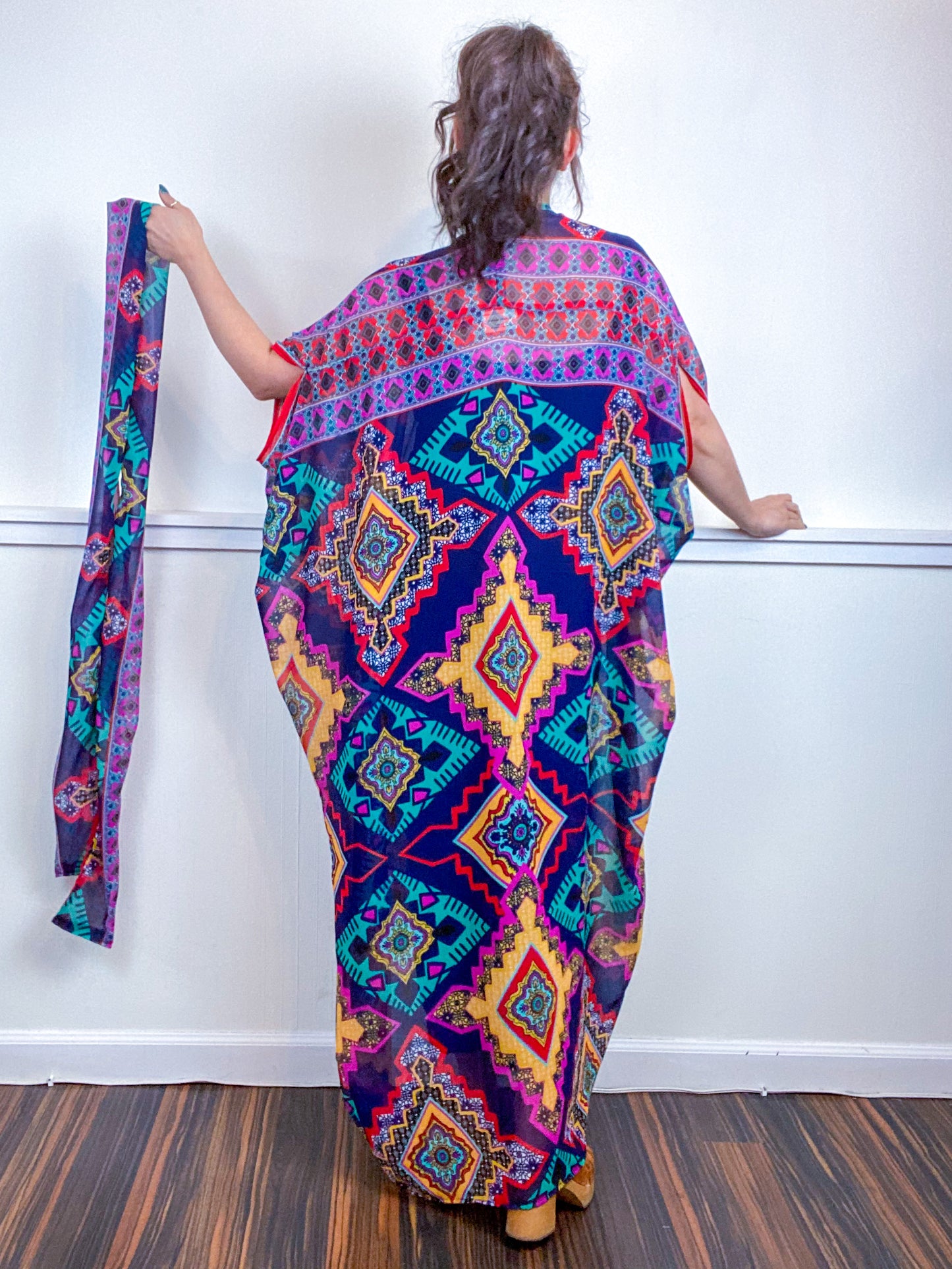 Print High Low Kimono Multicolor Tiles Chiffon