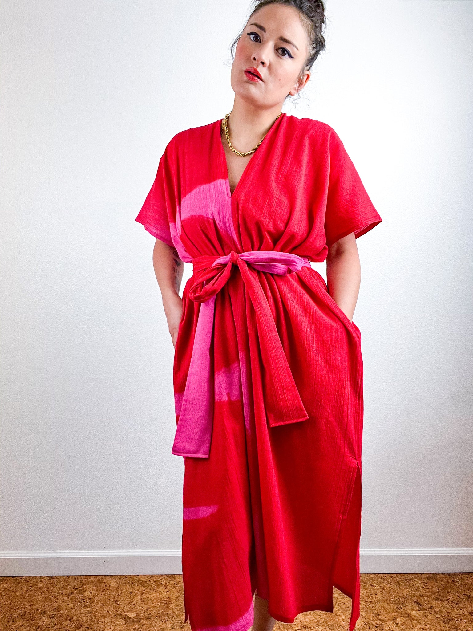 Single Gauze Midi Caftan Dress Fuchsia Scarlet Brushstrokes