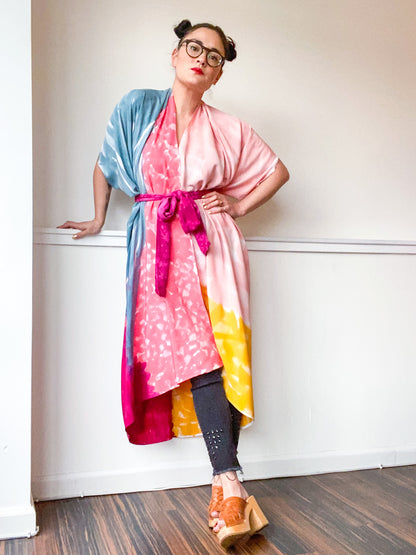 Limited Edition Hand-Dyed High Low Kimono Teal Pink Marigold