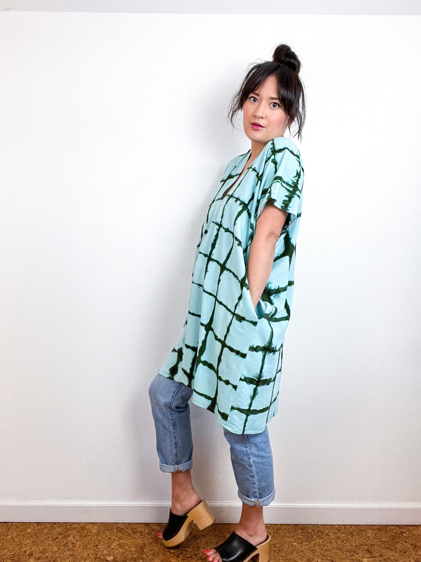 Hand-Dyed Mini Smock Dress Aqua Forest Windowpane