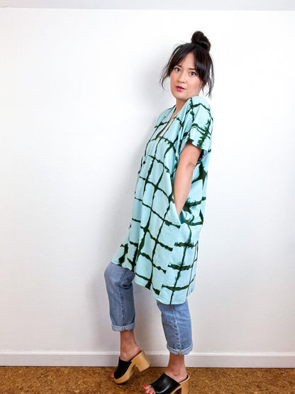 Hand-Dyed Mini Smock Dress Aqua Forest Windowpane