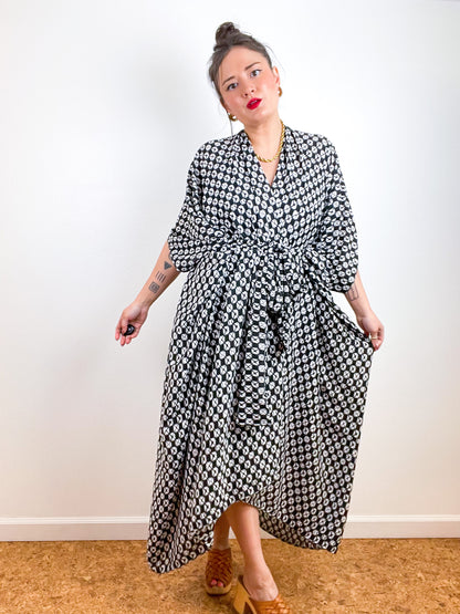Print High Low Kimono Black Faux Shibori Georgette