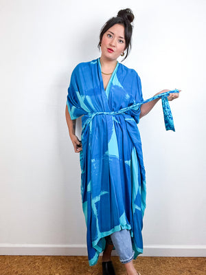 Hand-Dyed High Low Kimono Aqua Blue Brushstroke