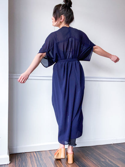 Print High Low Kimono Navy Georgette