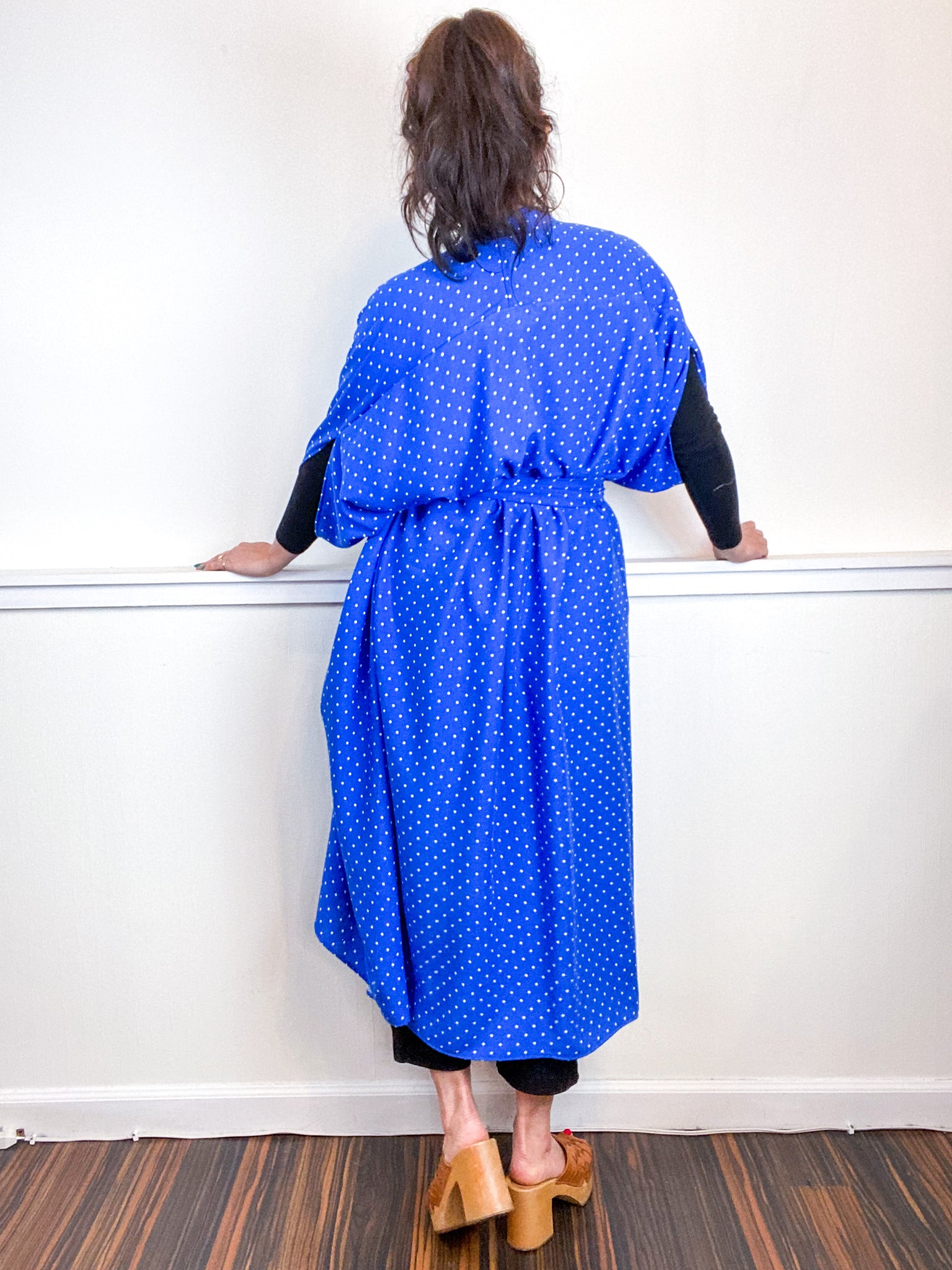 Print High Low Kimono Royal Blue Dots Rayon Challis