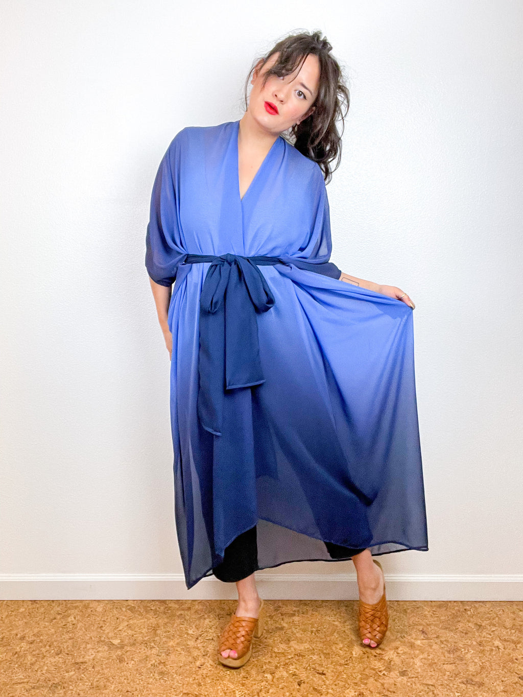 Print High Low Kimono Blue Ombré Chiffon