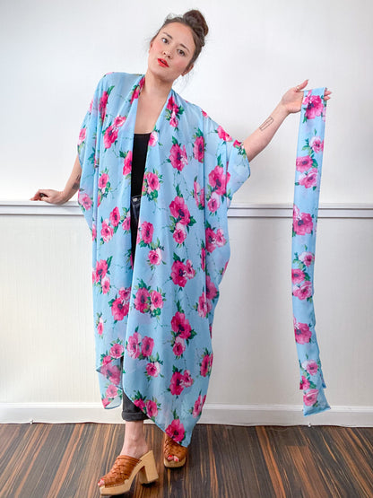 Print High Low Kimono Baby Blue Pink Rose Chiffon