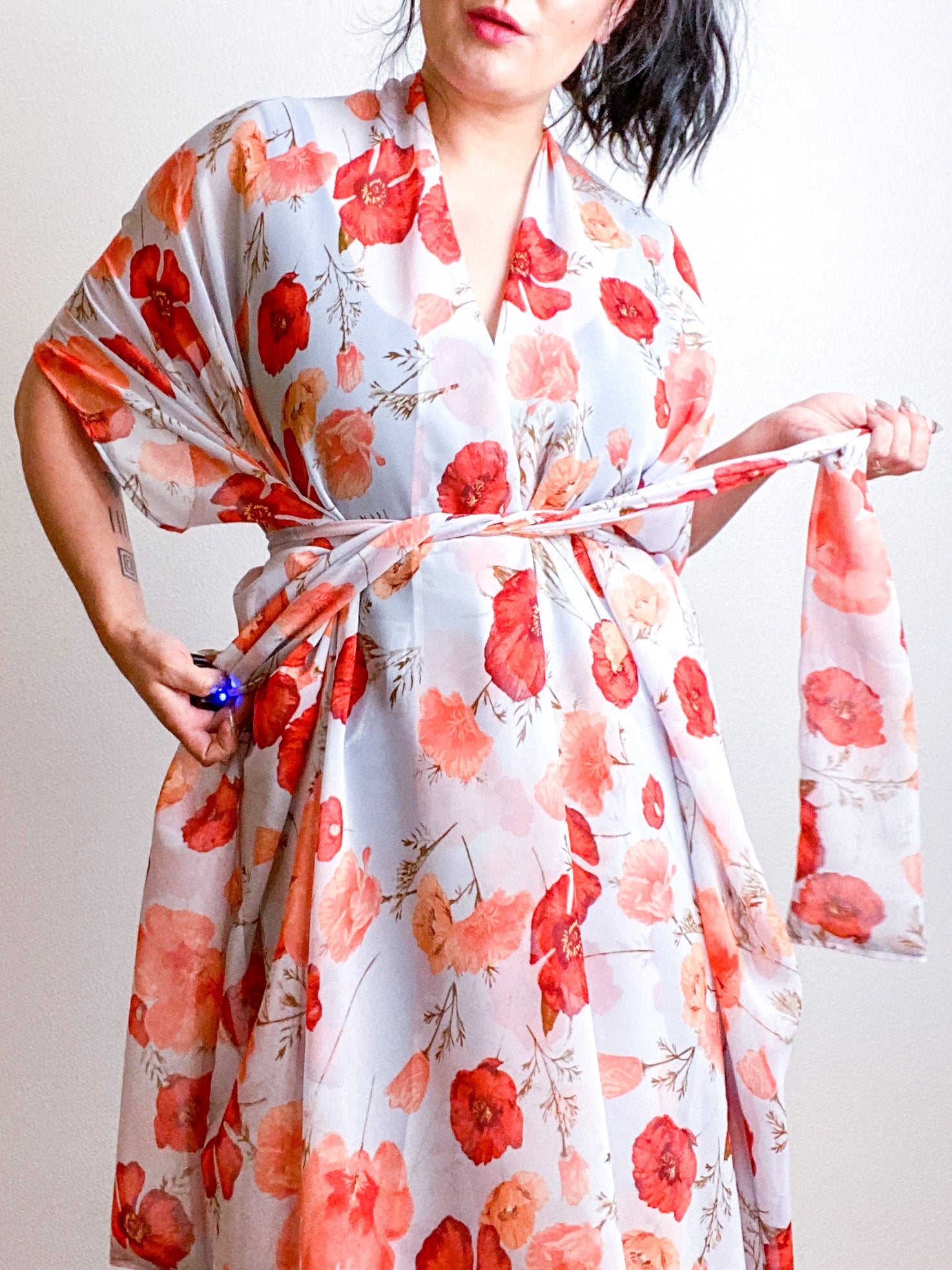 Print High Low Kimono Poppies Chiffon