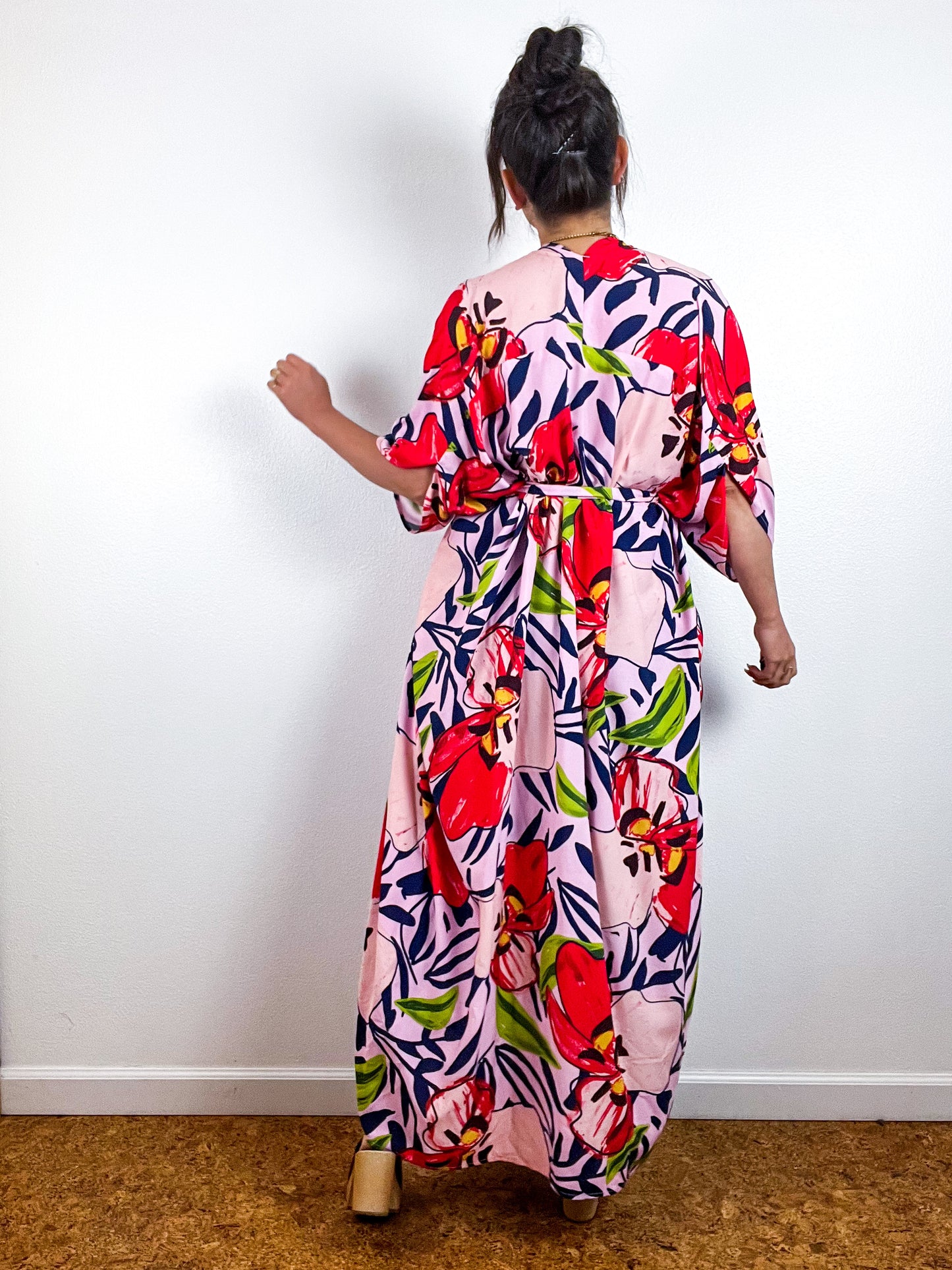 Print High Low Kimono Pink Painterly Orchids Challis