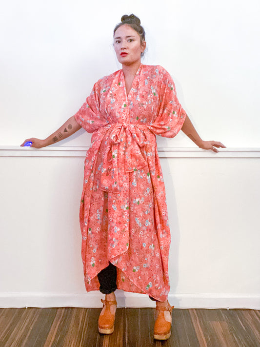 Print High Low Kimono Peach Mini Floral Georgette