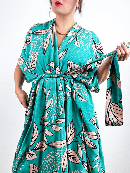 Print High Low Kimono Green Tan Leaves Challis