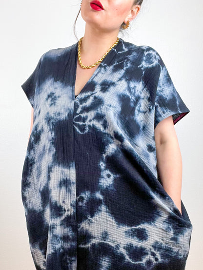 Double Gauze Smock Dress Black Grey Tie Dye