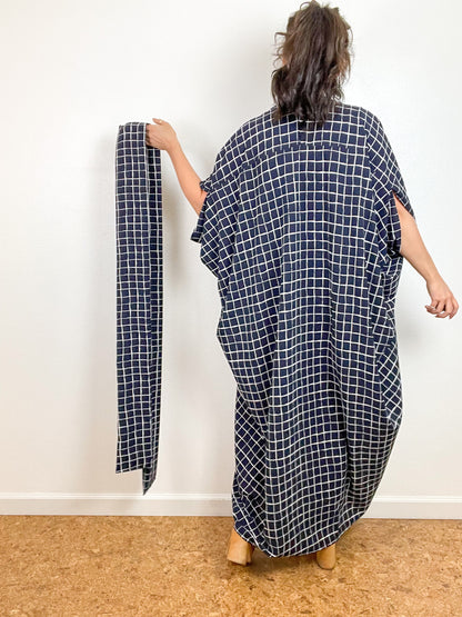 Print High Low Kimono Navy Windowpane Bubble Crepe
