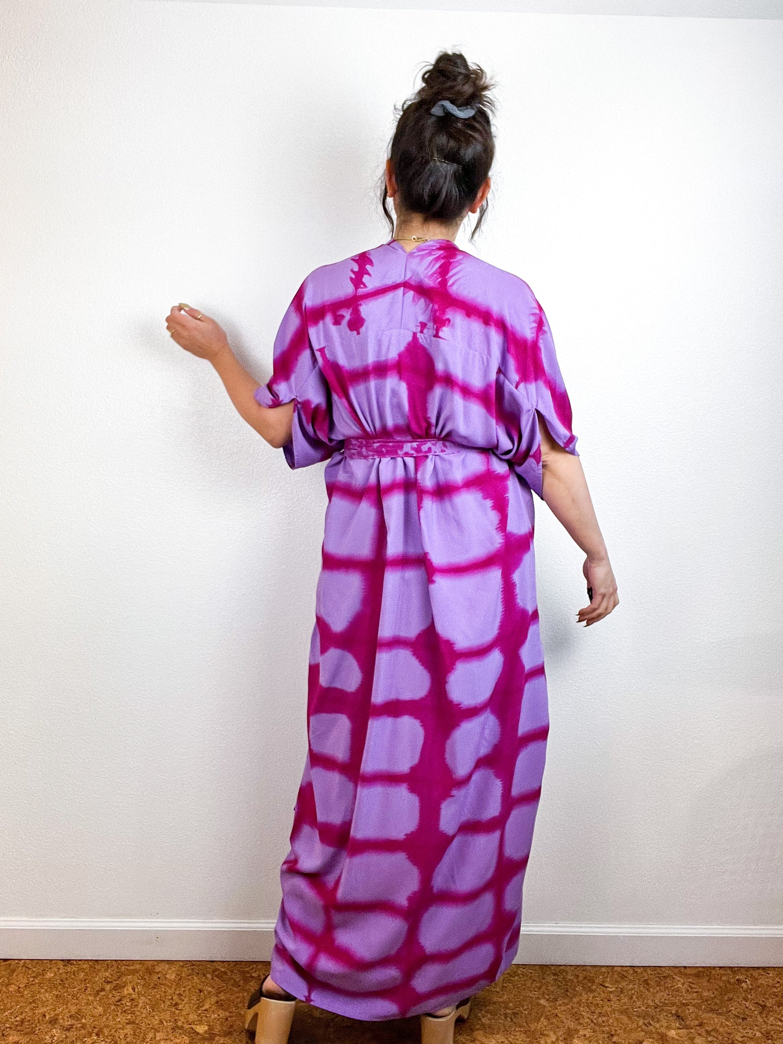 Hand-Dyed High Low Kimono Lilac Fuchsia Windowpane