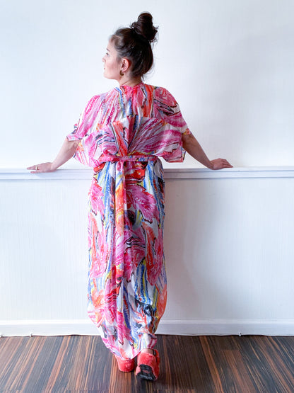 Print High Low Kimono Pink Painterly Chiffon