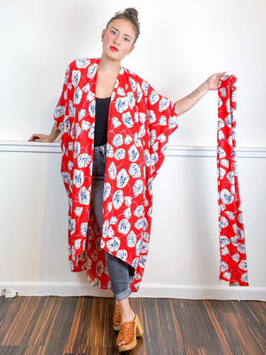 Print High Low Kimono Red Poppies Rayon Challis