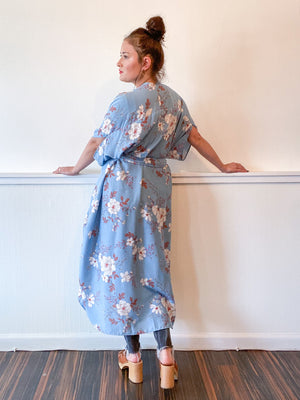 Print High Low Kimono Baby Blue Floral Rayon Challis