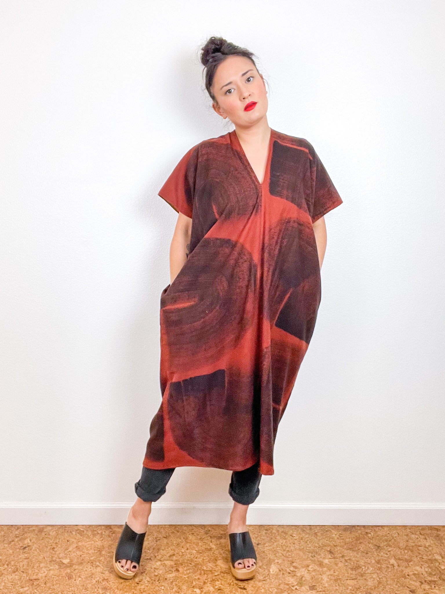 Hand-Dyed Flannel Smock Dress Rust Brushstrokes