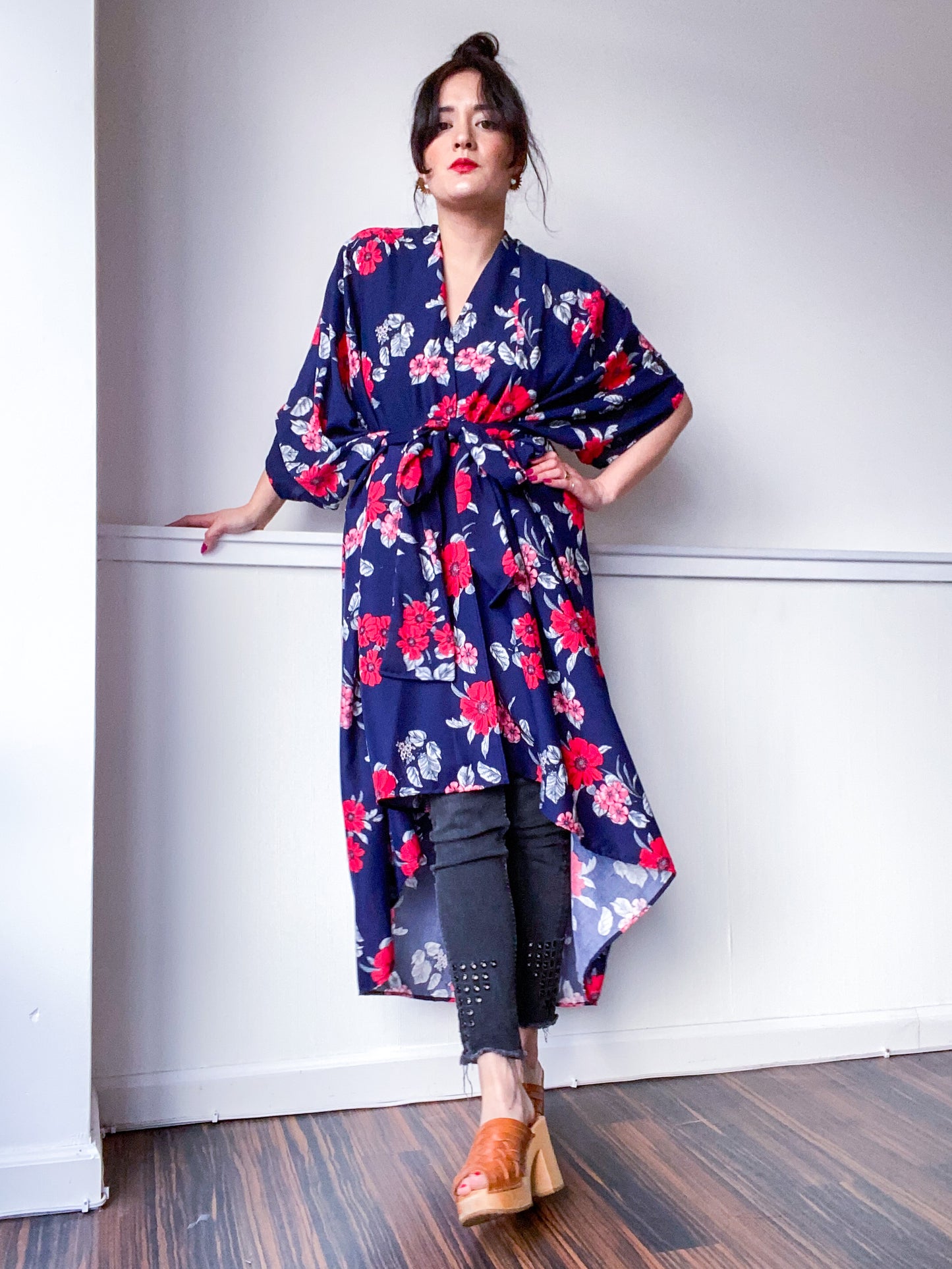 Print High Low Kimono Navy Red Floral