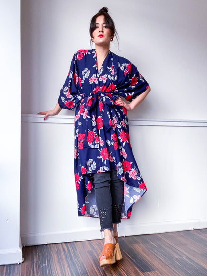 Print High Low Kimono Navy Red Floral