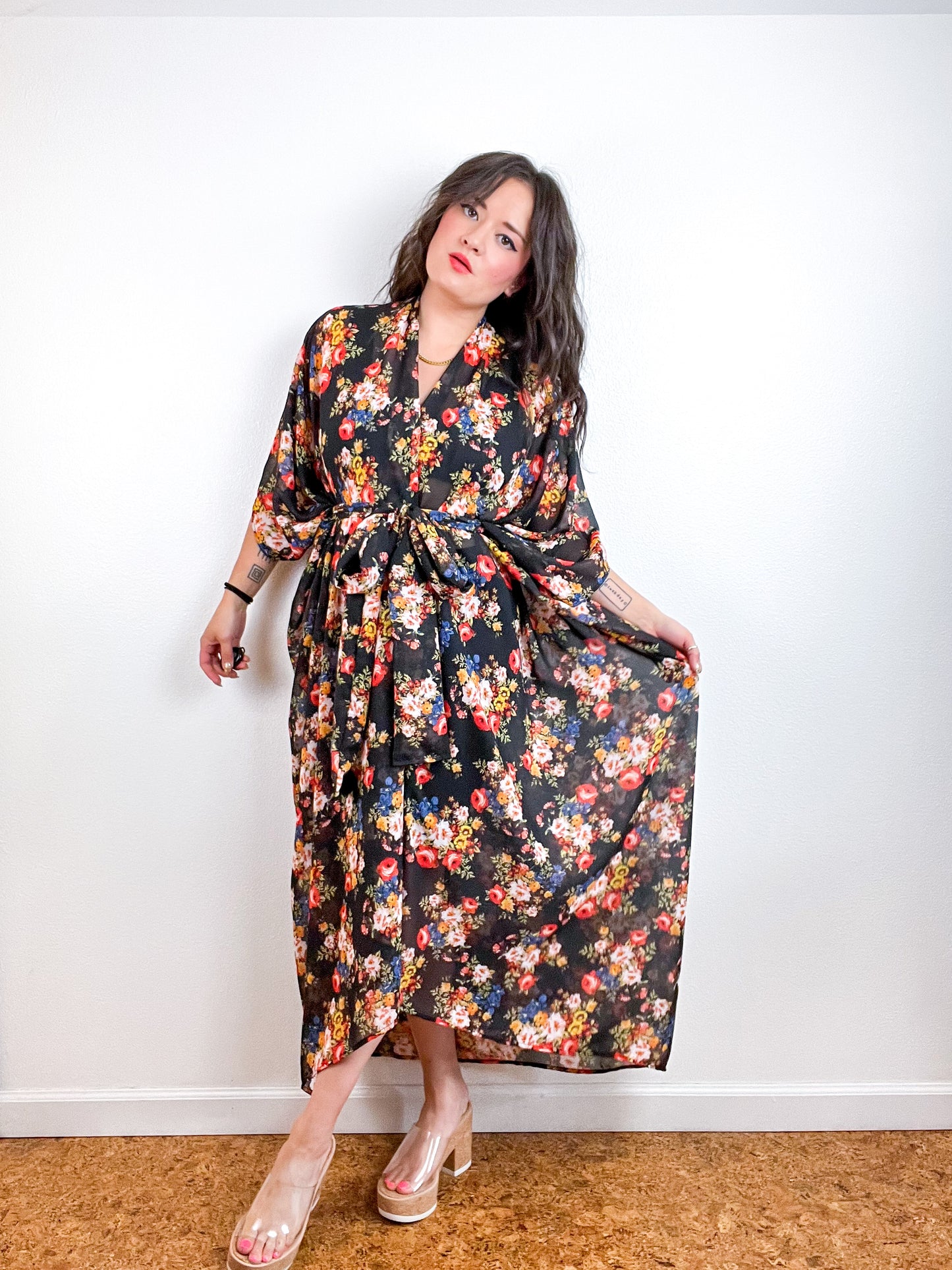Print High Low Kimono Black Mini Bouquet Floral Chiffon