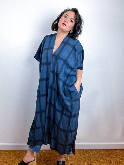 Hand-Dyed Midi Smock Dress Navy Black Windowpane