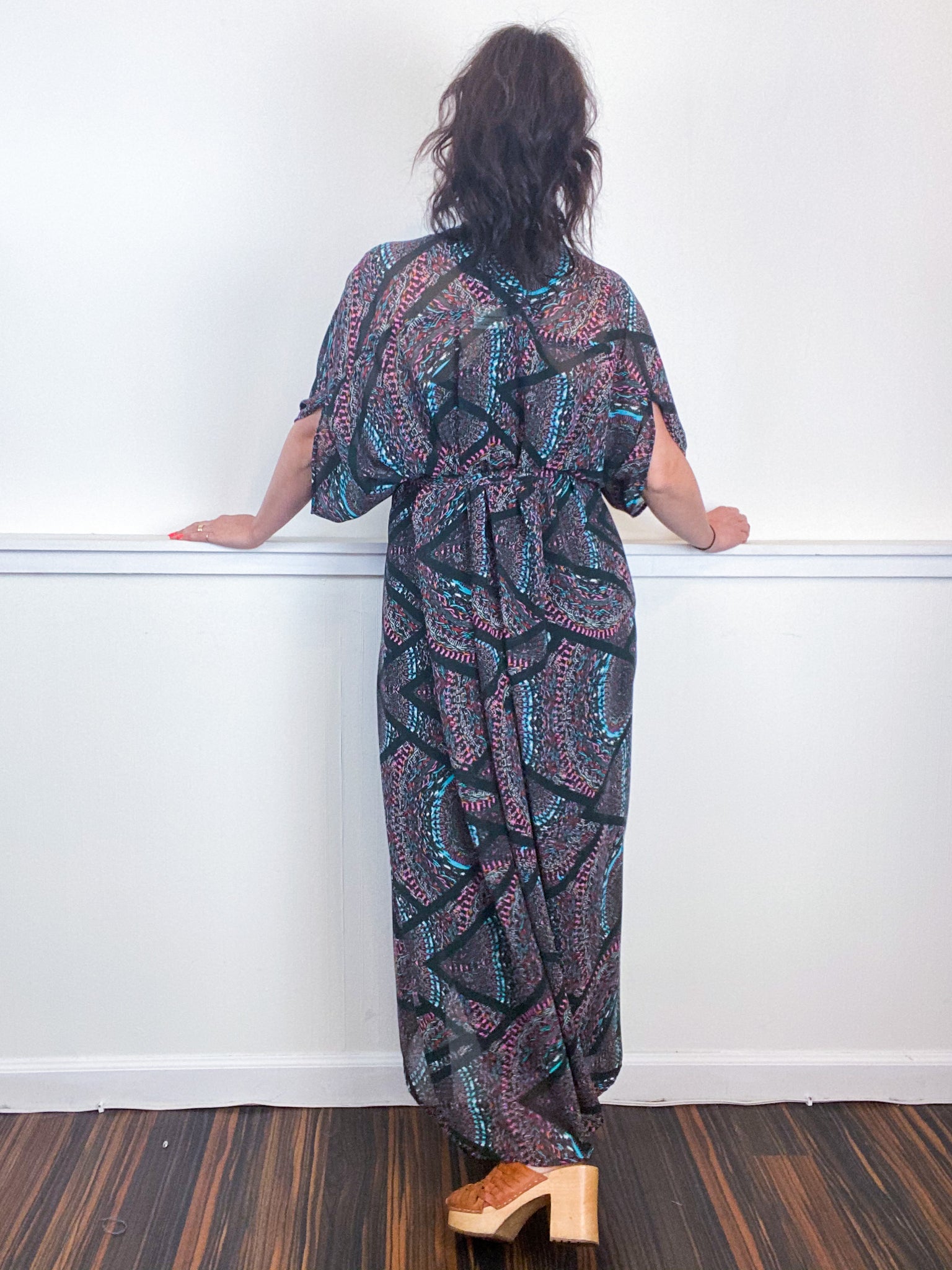 Print High Low Kimono Black Magenta Abstract Chiffon
