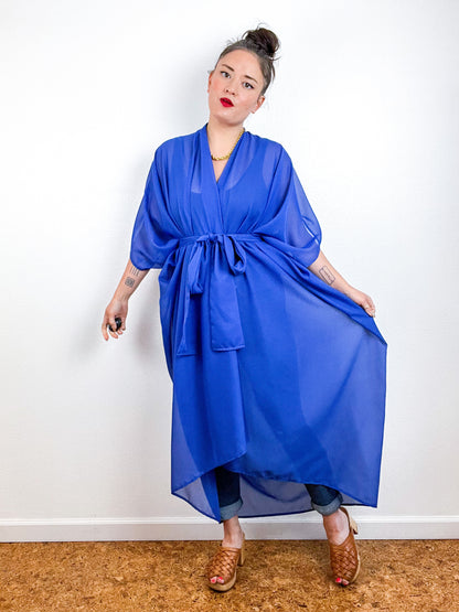 Solid High Low Kimono Royal Blue Chiffon
